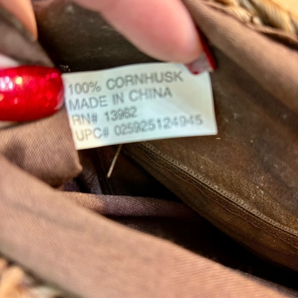 Straw Tote Red Beige Brown 100% Cornhusk Wooden Handles Fabric interior Pocket - Picture 7 of 12